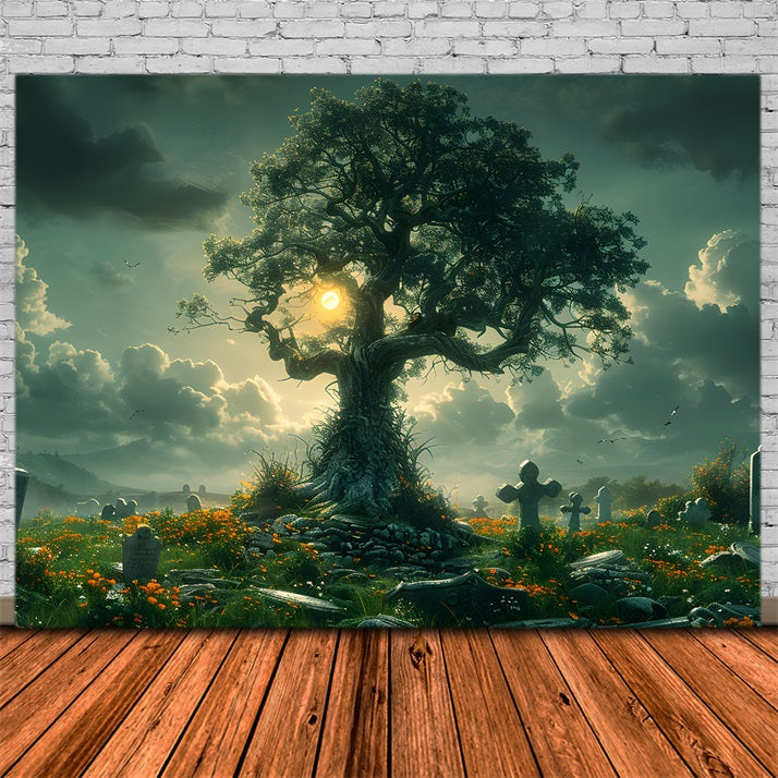 Sfondo Dell'Albero Del Cimitero Incantato Di Halloween RR7-286