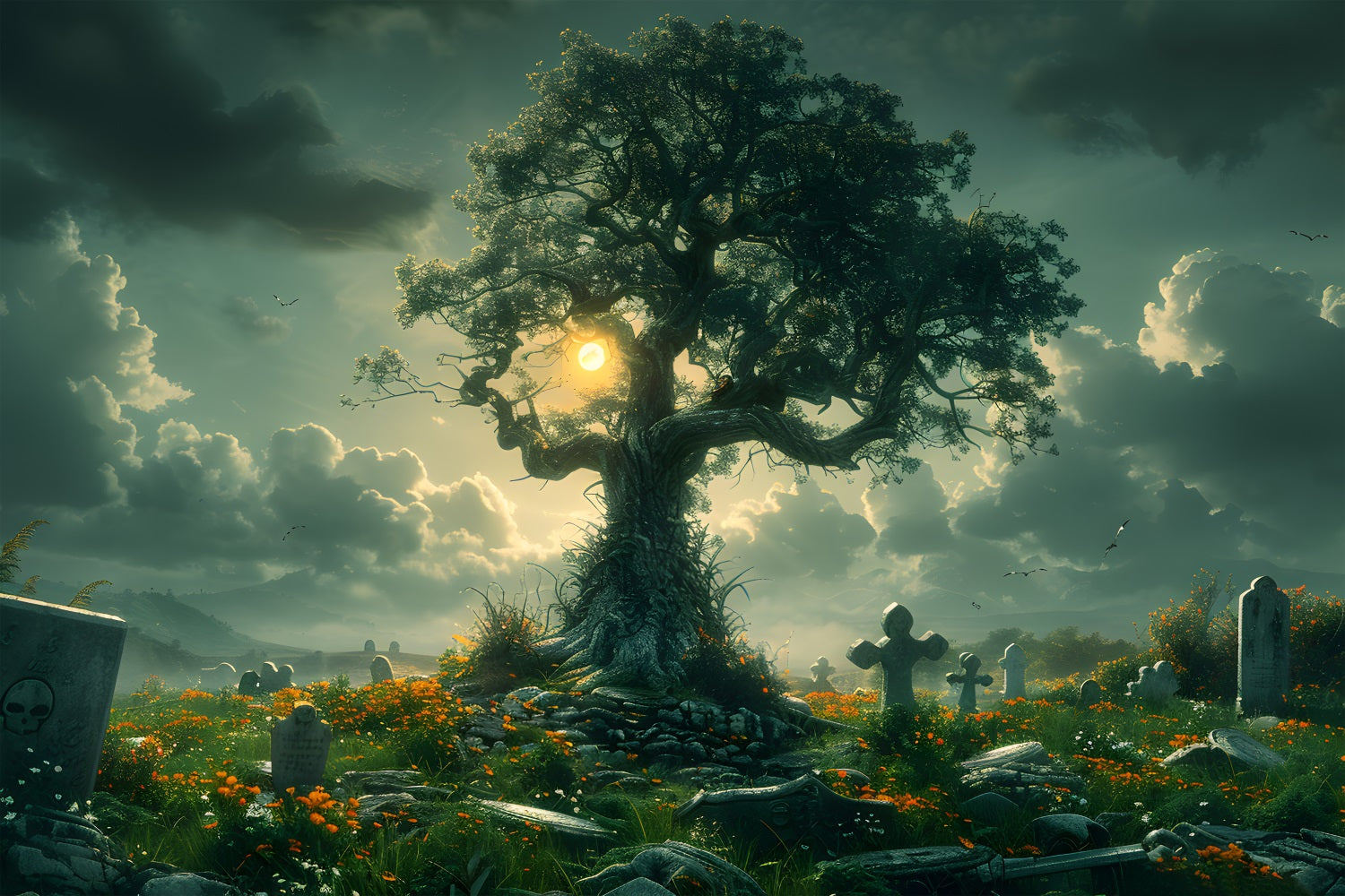 Sfondo Dell'Albero Del Cimitero Incantato Di Halloween RR7-286