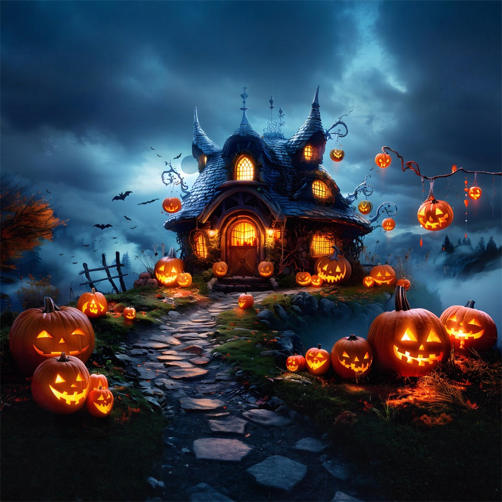 Sfondo Del Cottage Con Lanterne Di Zucca Di Halloween RR7-287