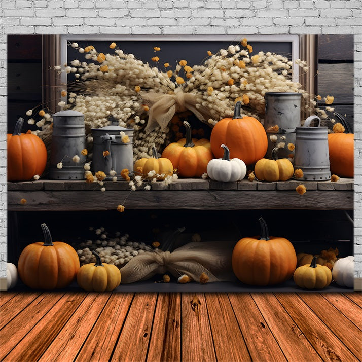 Sfondo Rustico Con Fascio Di Grano E Zucca Autunnale RR7-289