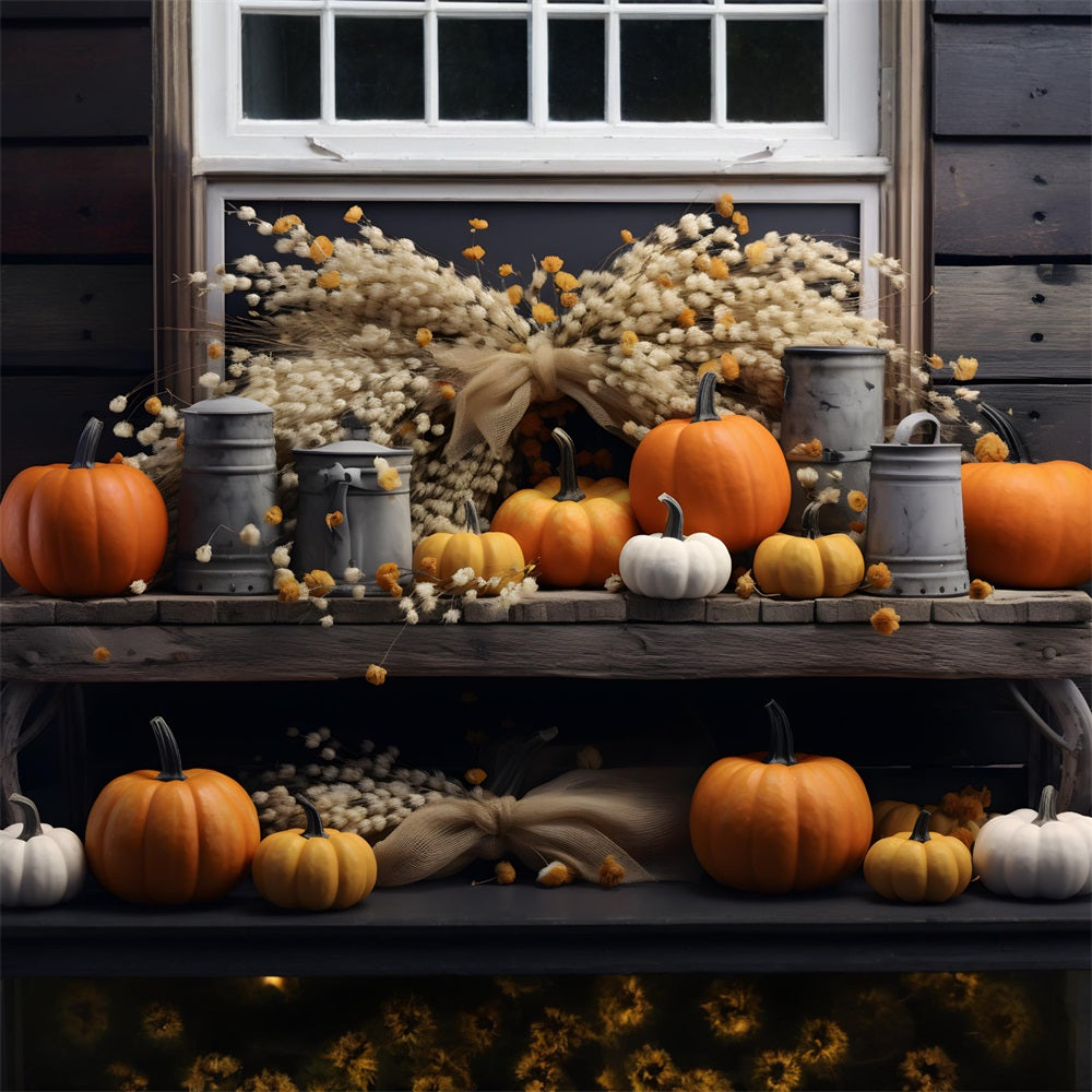 Sfondo Rustico Con Fascio Di Grano E Zucca Autunnale RR7-289