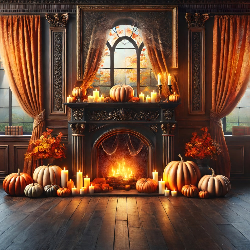 Elegante Camino Autunnale Con Zucche E Candele Sullo Sfondo RR7-290