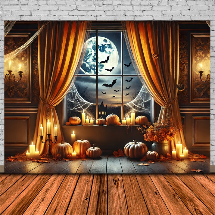 Sfondo Della Finestra Al Chiaro Di Luna Con Lanterne Di Zucca Di Halloween RR7-291