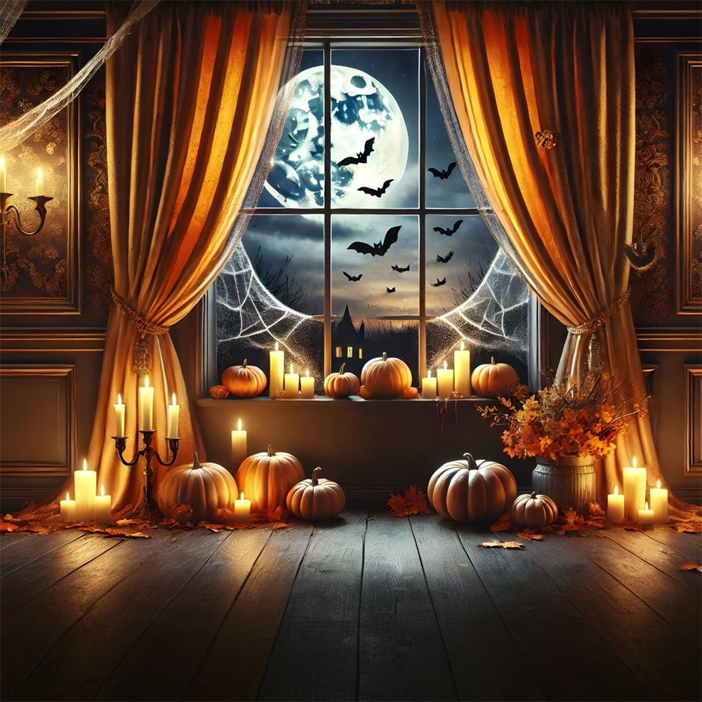 Sfondo Della Finestra Al Chiaro Di Luna Con Lanterne Di Zucca Di Halloween RR7-291