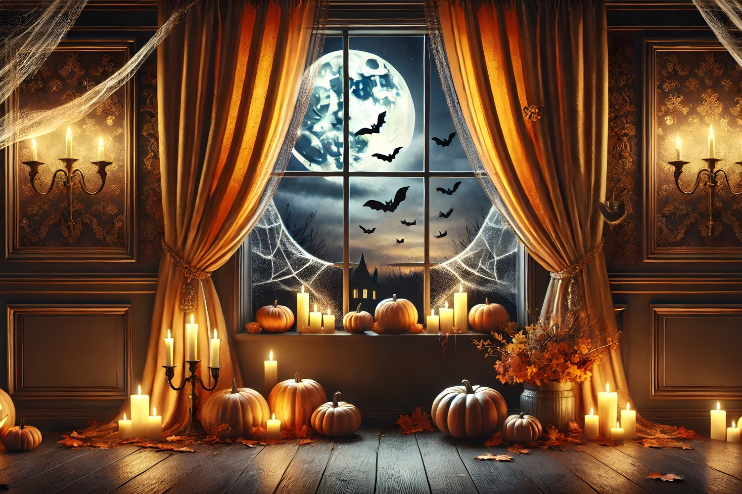 Sfondo Della Finestra Al Chiaro Di Luna Con Lanterne Di Zucca Di Halloween RR7-291