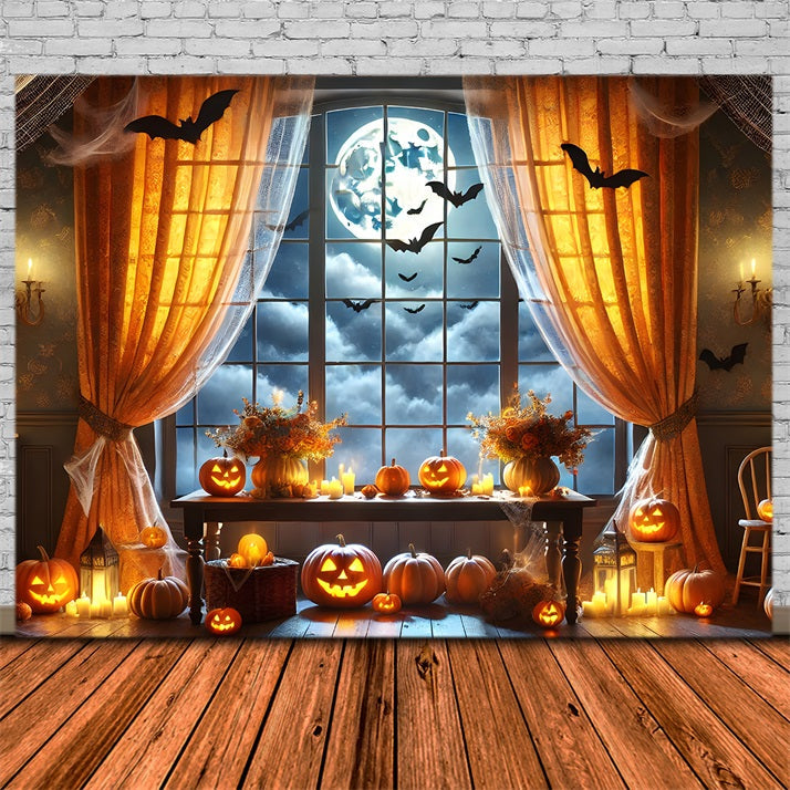 Sfondo Della Finestra Della Luna Piena Della Zucca Di Halloween RR7-292