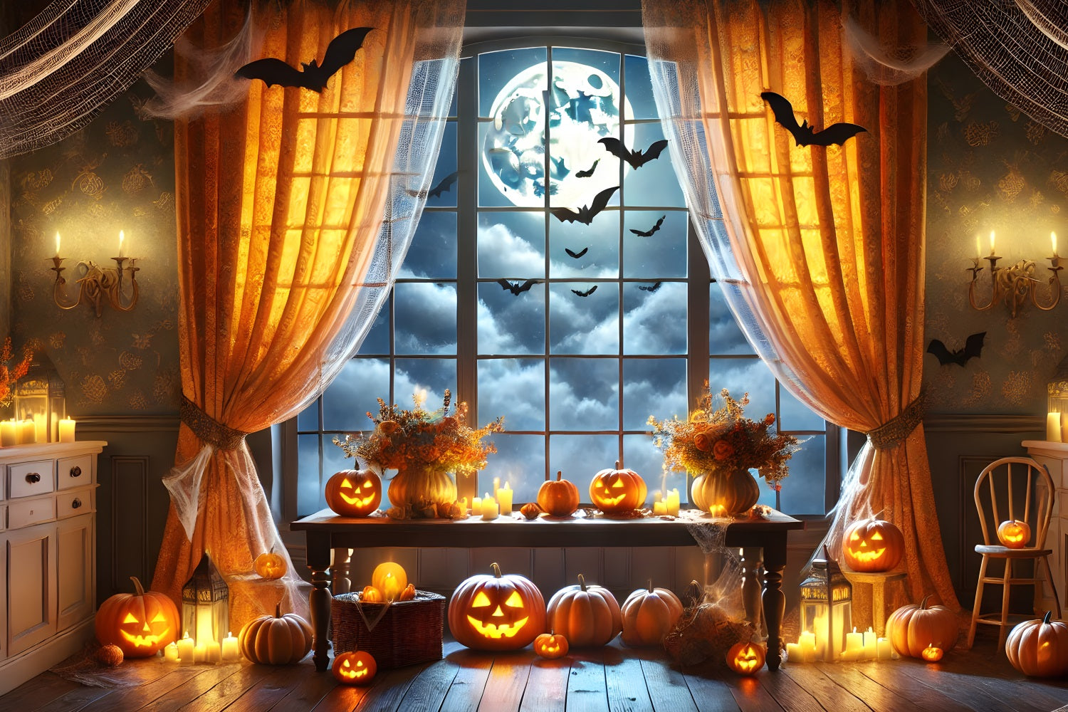 Sfondo Della Finestra Della Luna Piena Della Zucca Di Halloween RR7-292
