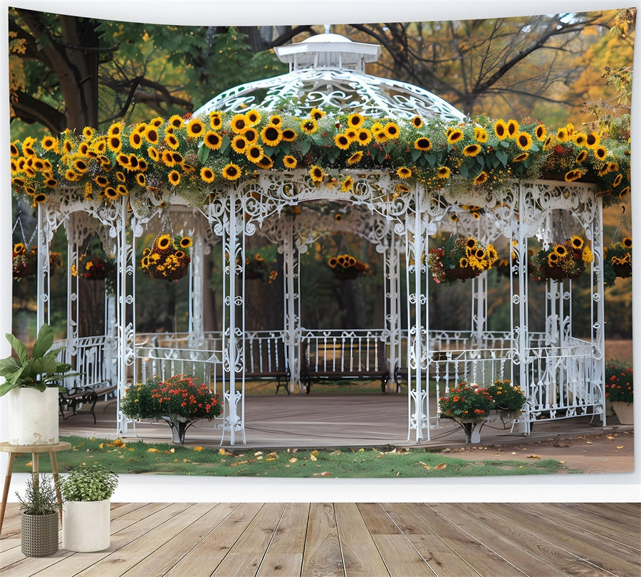 Sfondo Del Parco Autunnale Del Gazebo Decorato Con Girasoli RR7-294