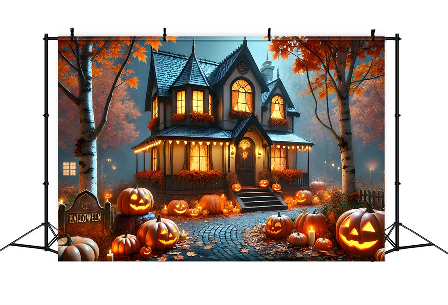 Sfondo Di Cottage Accogliente Con Lanterne Di Zucca Di Halloween RR7-297