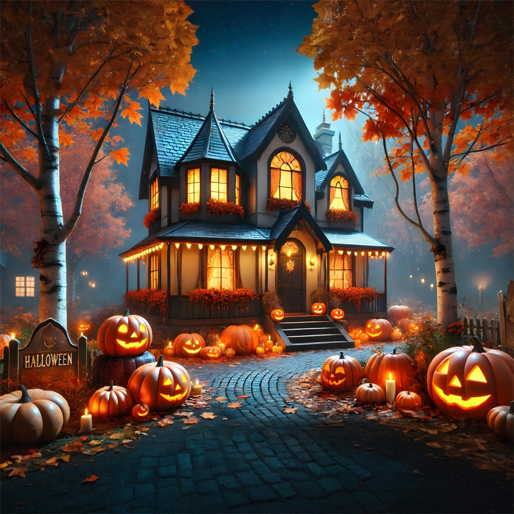 Sfondo Di Cottage Accogliente Con Lanterne Di Zucca Di Halloween RR7-297