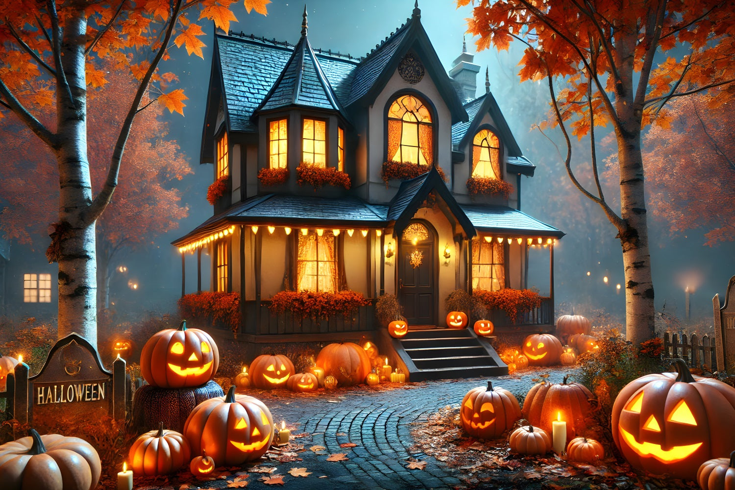 Sfondo Di Cottage Accogliente Con Lanterne Di Zucca Di Halloween RR7-297
