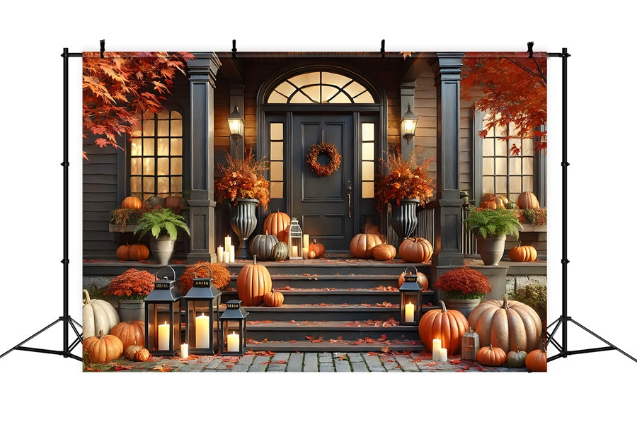 Sfondo Autunnale Di Lanterne Con Zucche Sul Portico Anteriore RR7-298