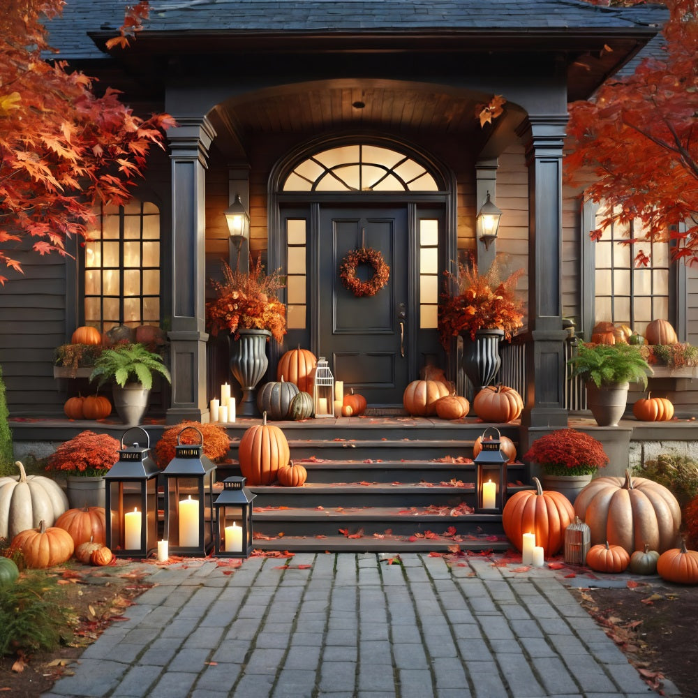 Sfondo Autunnale Di Lanterne Con Zucche Sul Portico Anteriore RR7-298