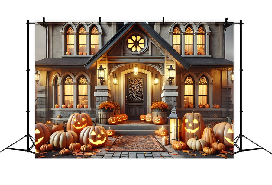 Sfondo Di Casa Vittoriana Con Lanterne Di Zucca Di Halloween RR7-299