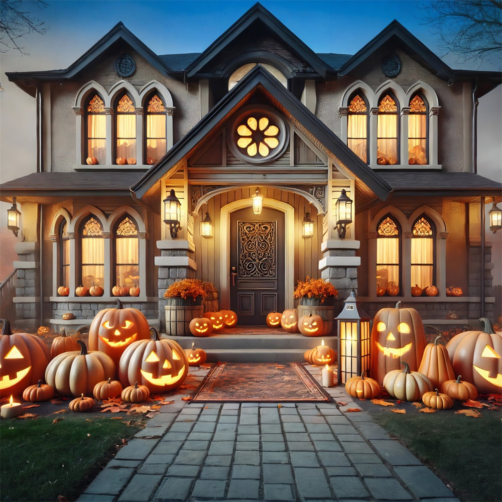 Sfondo Di Casa Vittoriana Con Lanterne Di Zucca Di Halloween RR7-299