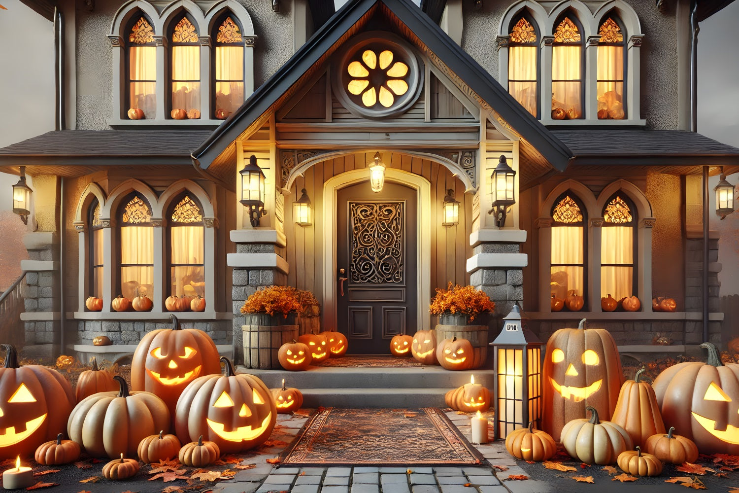 Sfondo Di Casa Vittoriana Con Lanterne Di Zucca Di Halloween RR7-299