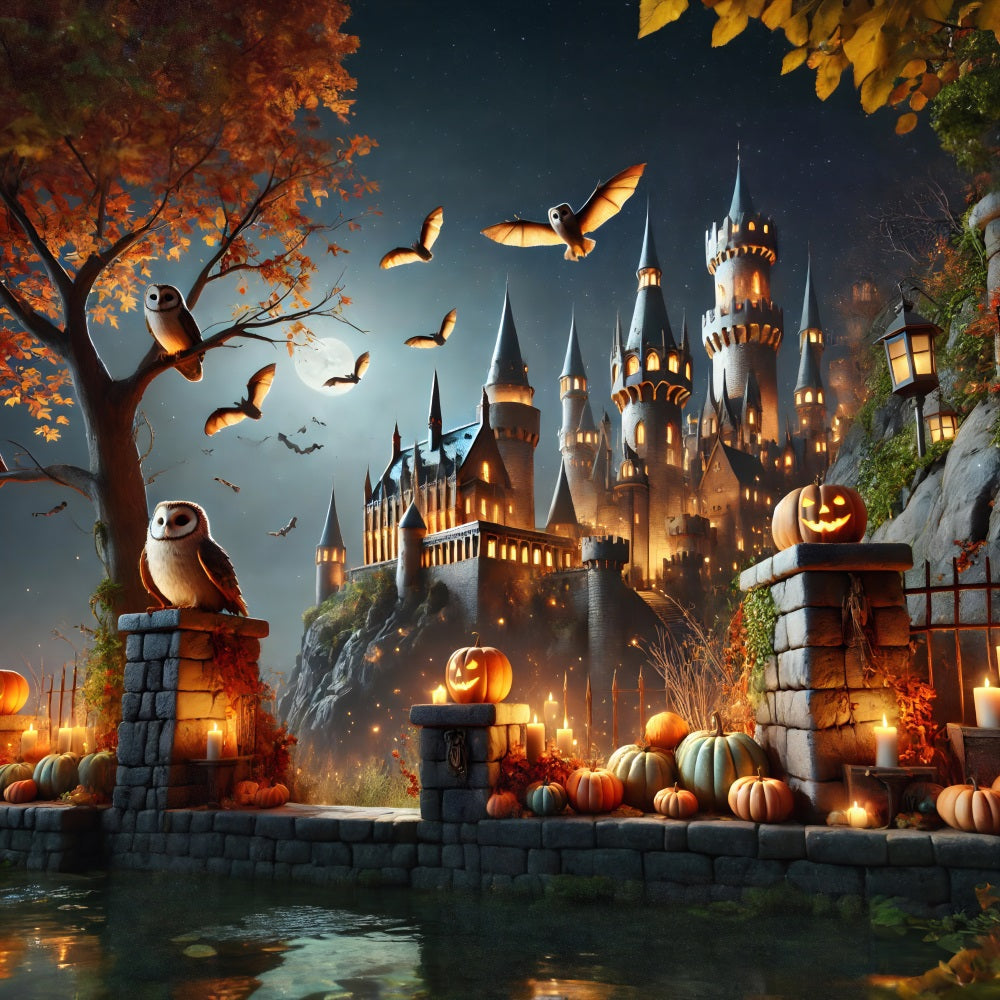 Sfondo Del Castello Incantato Delle Lanterne Della Zucca Di Halloween RR7-300