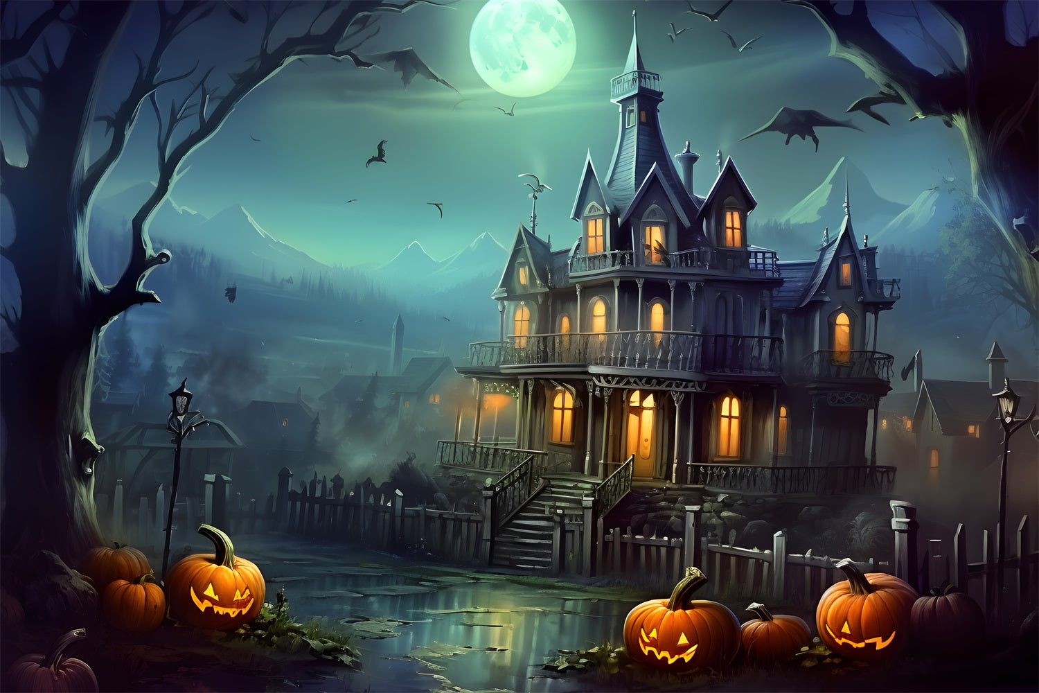 Sfondo Di Halloween Con Lanterne Di Zucca Della Casa Stregata RR7-306