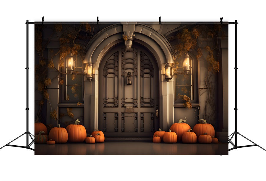 Elegante Ingresso Autunnale Con Zucche E Lanterne Sullo Sfondo RR7-311