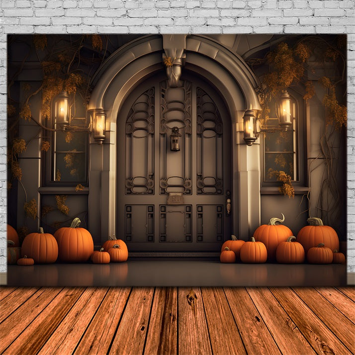 Elegante Ingresso Autunnale Con Zucche E Lanterne Sullo Sfondo RR7-311