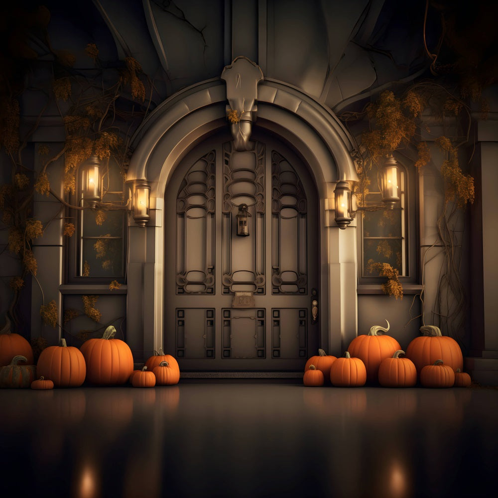 Elegante Ingresso Autunnale Con Zucche E Lanterne Sullo Sfondo RR7-311