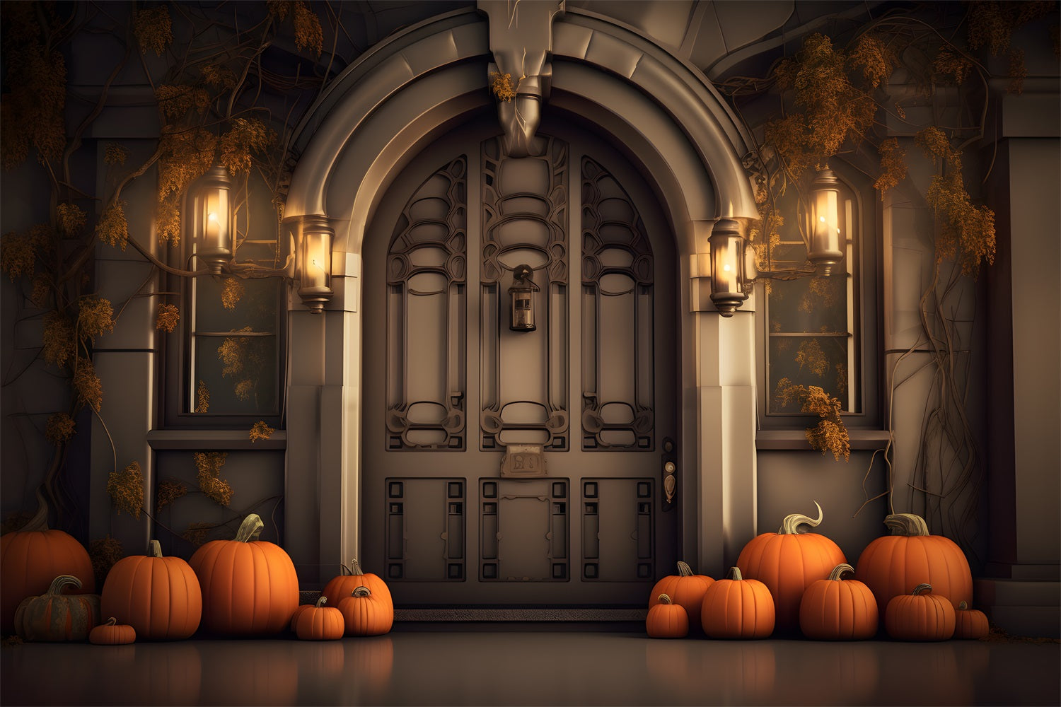 Elegante Ingresso Autunnale Con Zucche E Lanterne Sullo Sfondo RR7-311