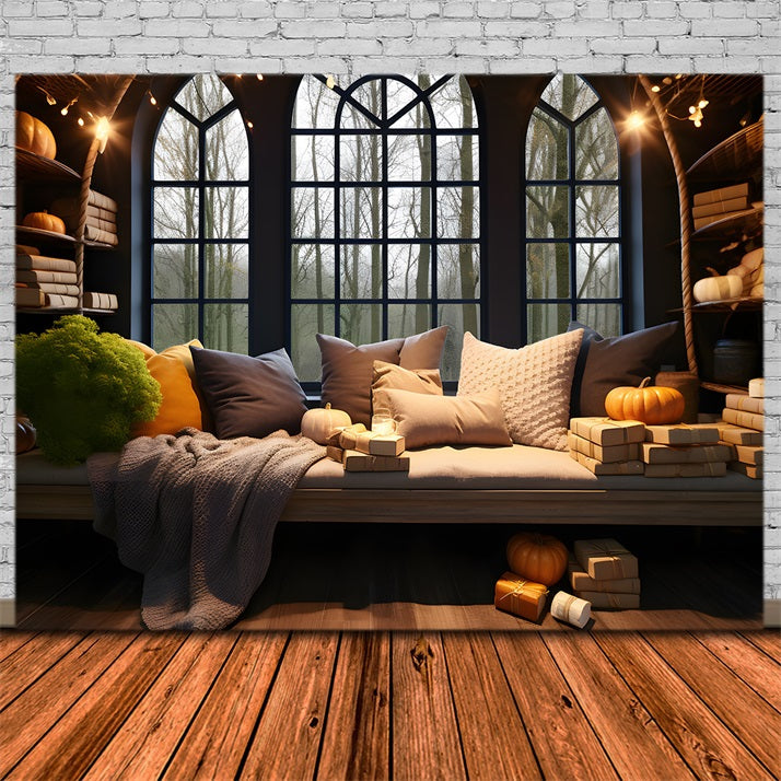 Accogliente Angolo Finestra Autunnale Con Zucche E Cuscini Sullo Sfondo RR7-312