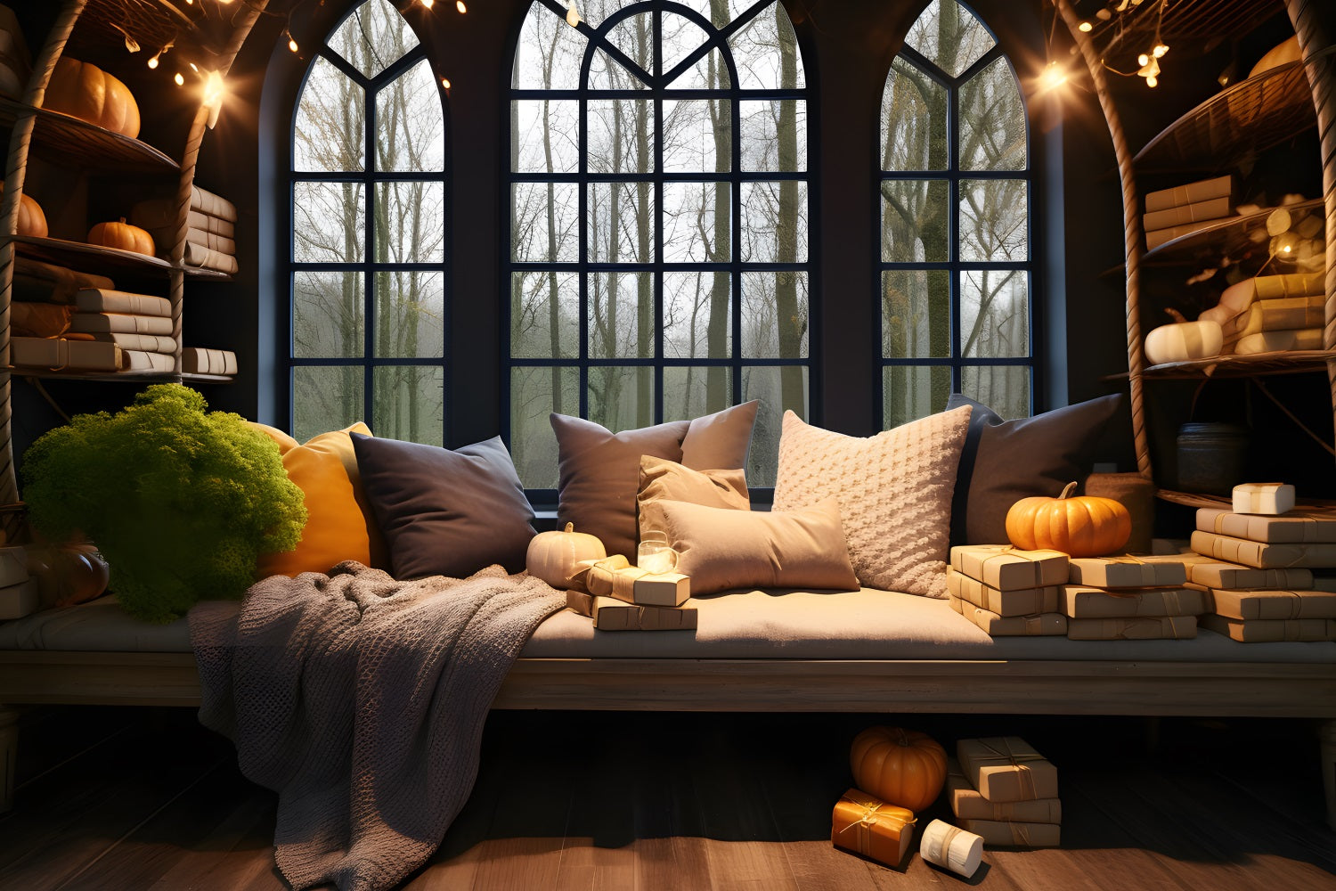 Accogliente Angolo Finestra Autunnale Con Zucche E Cuscini Sullo Sfondo RR7-312