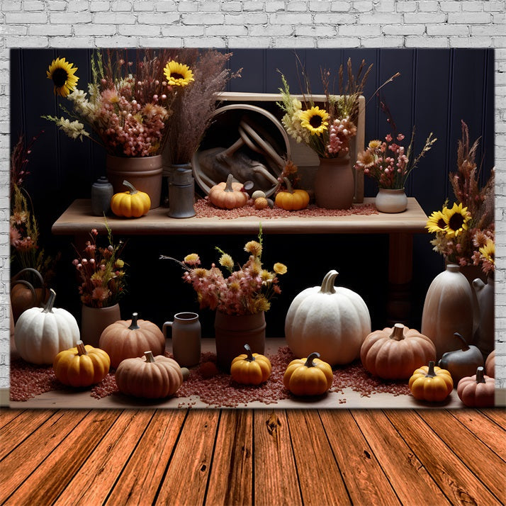 Sfondo Rustico Con Zucche E Girasoli In Autunno RR7-313