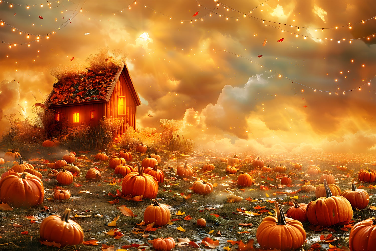 Sfondo Di Cabina Accogliente Campo Di Zucca Autunnale Dorato RR7-318