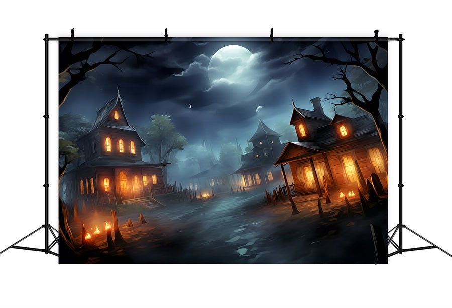 Sfondo Del Villaggio Infestato Dal Chiaro Di Luna Di Halloween RR7-325