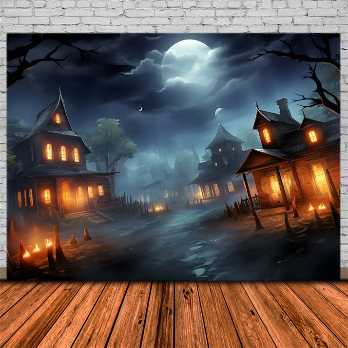 Sfondo Del Villaggio Infestato Dal Chiaro Di Luna Di Halloween RR7-325