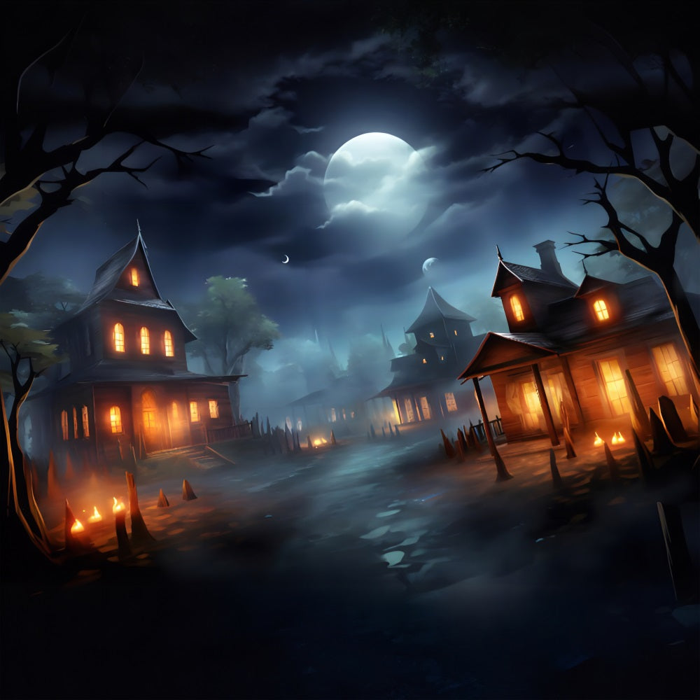 Sfondo Del Villaggio Infestato Dal Chiaro Di Luna Di Halloween RR7-325