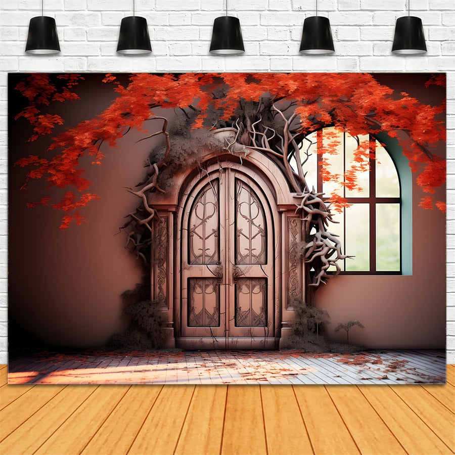 Porta Autunnale Incantata Con Foglie Rosse Sullo Sfondo RR7-332