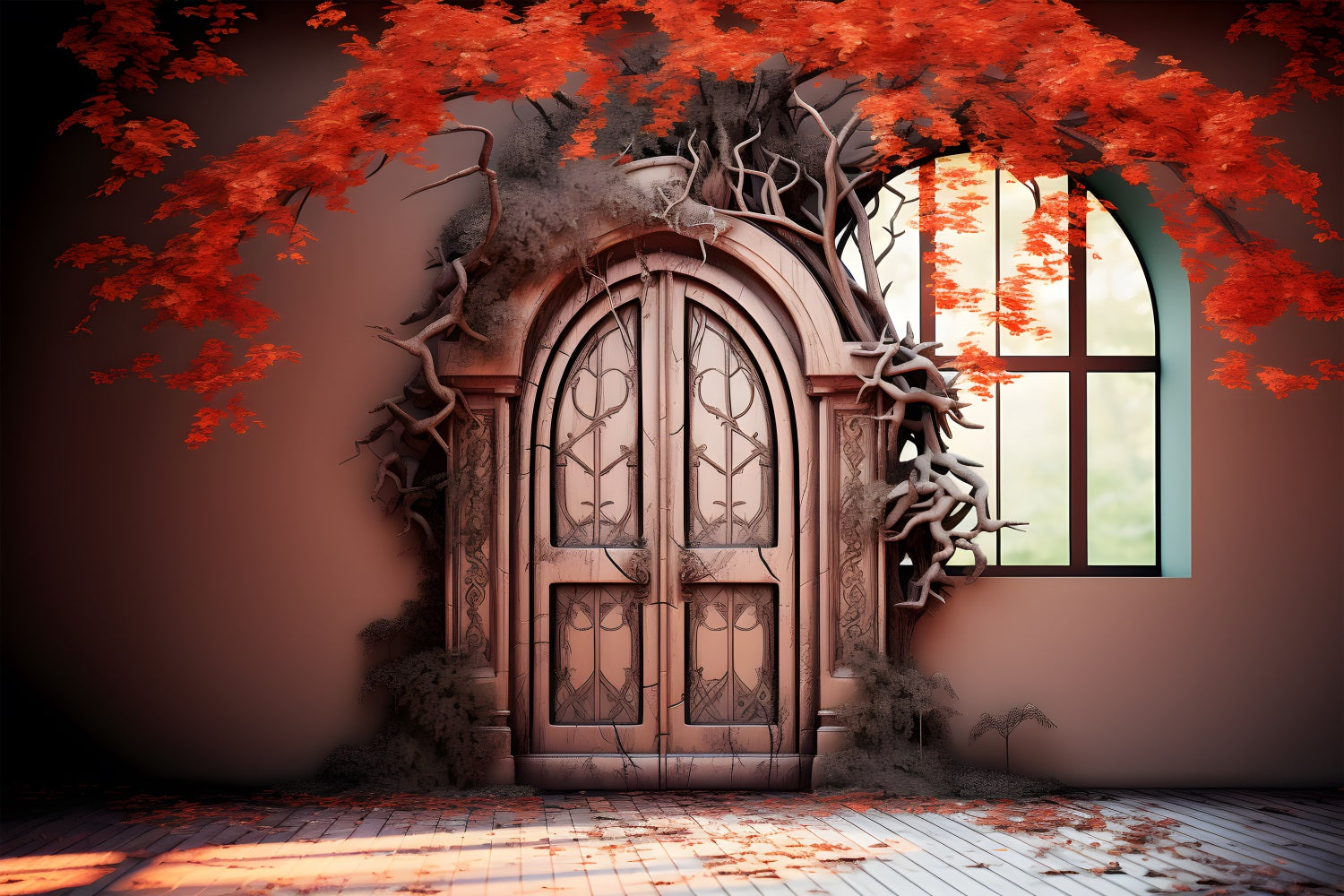 Porta Autunnale Incantata Con Foglie Rosse Sullo Sfondo RR7-332