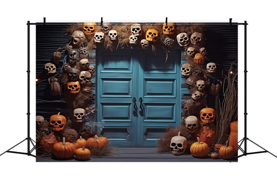 Sfondo Porta Blu Lanterna Zucca Teschio Di Halloween RR7-343
