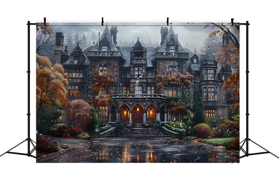 Sfondo Del Fogliame Autunnale Del Palazzo Gotico Di Halloween RR7-344