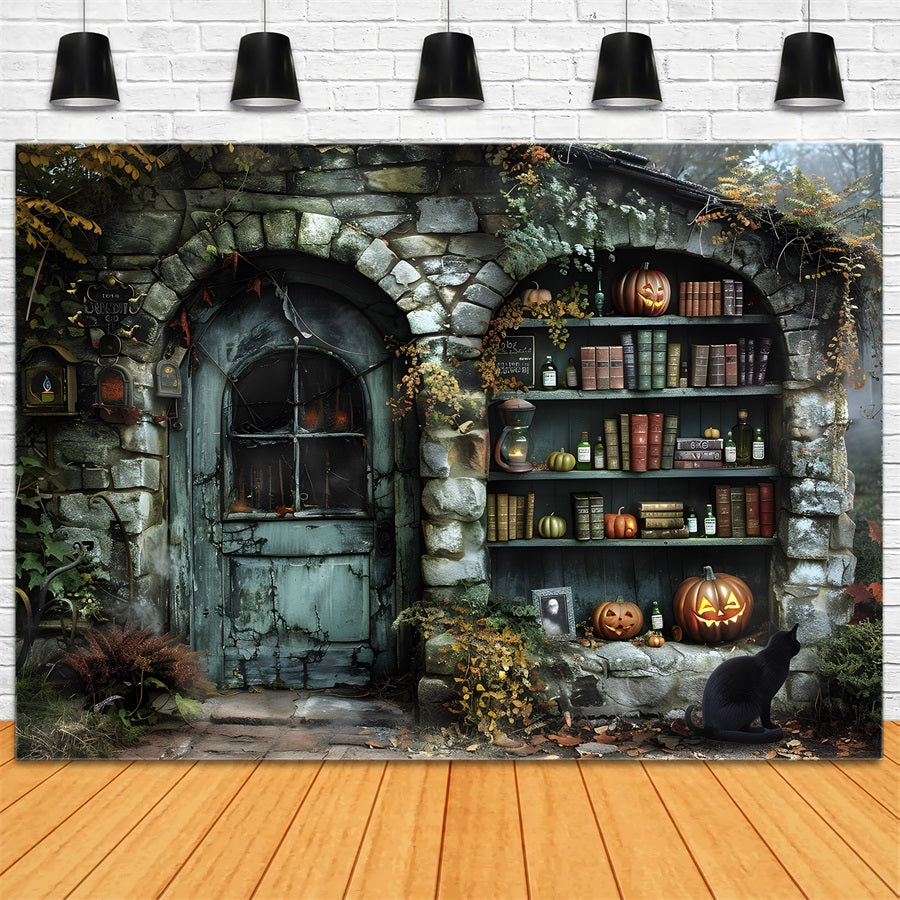Sfondo Dei Libri Di Pozioni Del Cottage Della Strega Di Halloween RR7-347