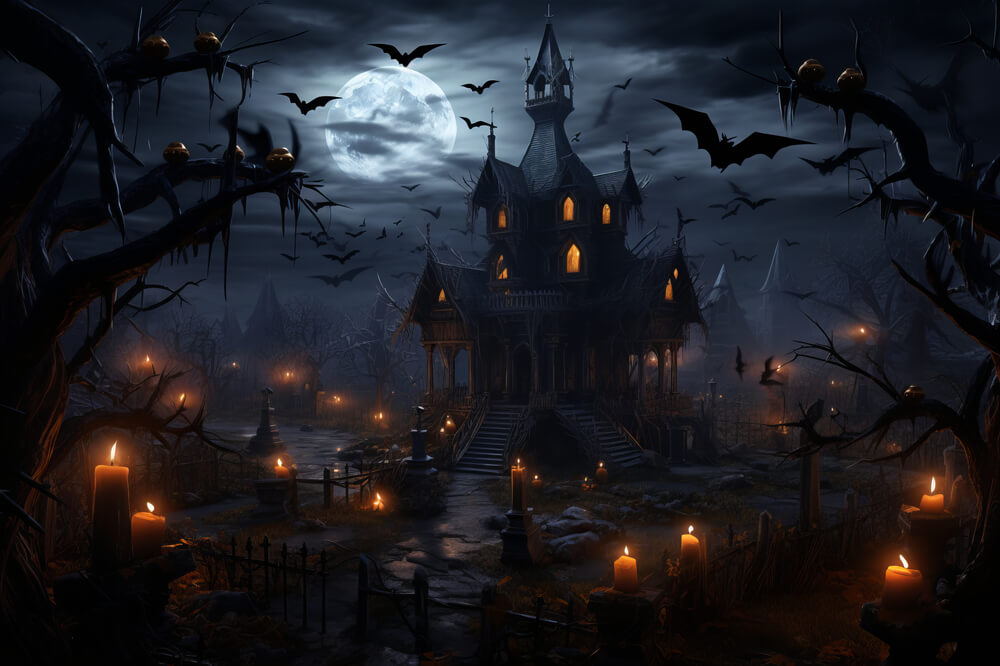 Sfondo Di Candele Di Pipistrelli Del Castello Spettrale Di Halloween RR7-35