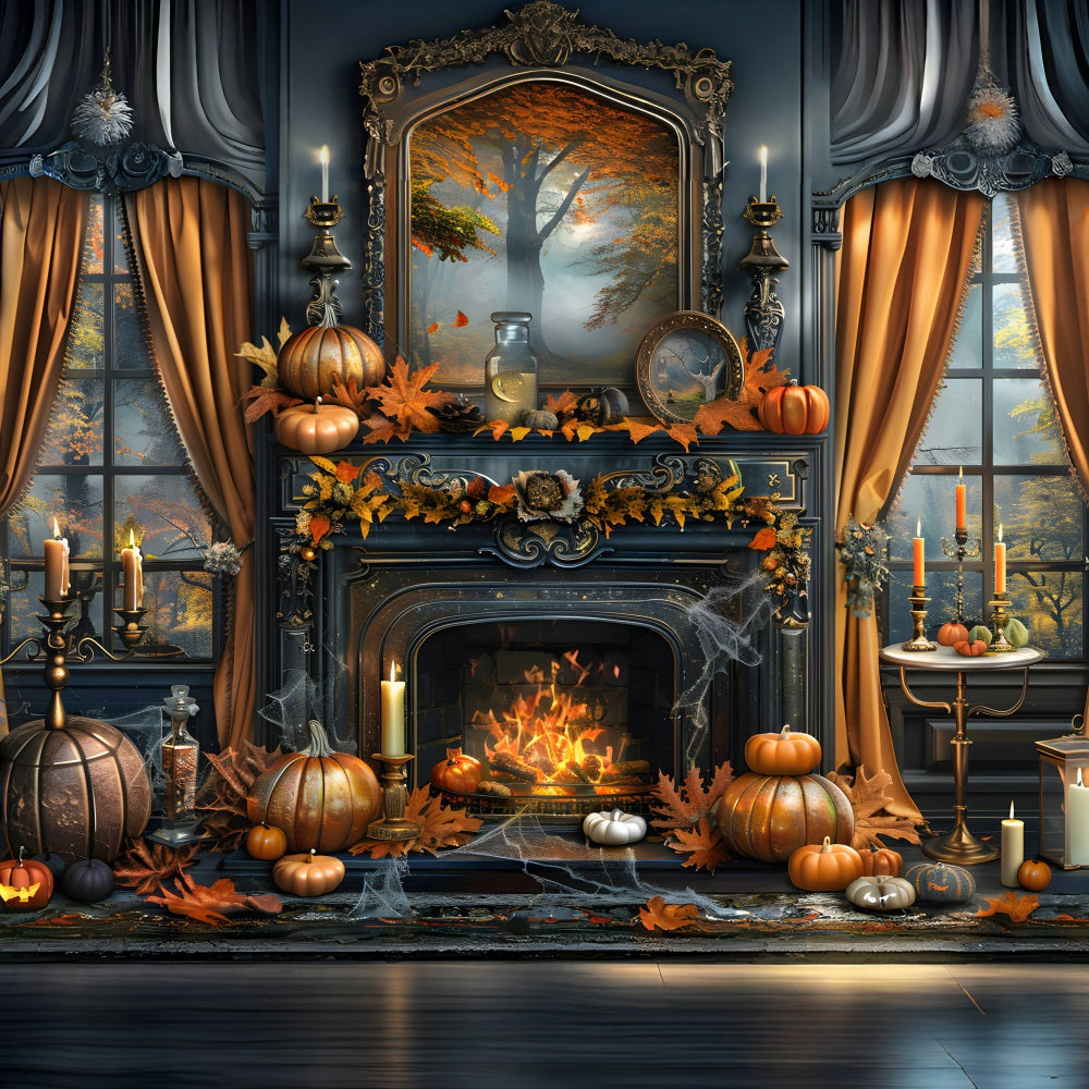 Sfondo Di Decorazioni Di Zucca Per Caminetto Autunnale Incantato RR7-353