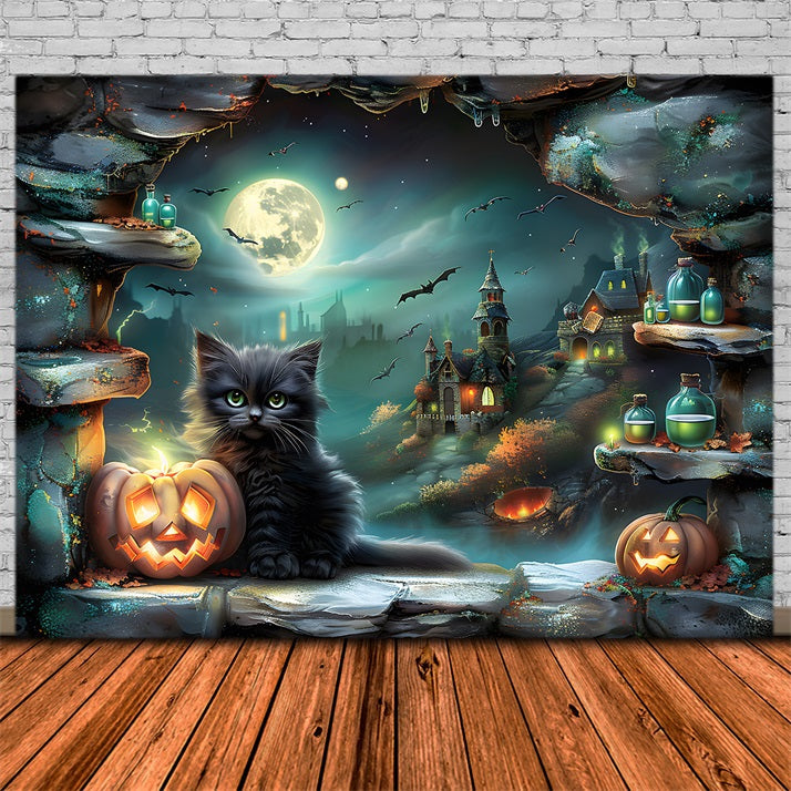 Sfondo Di Zucche Di Gatto Nero Del Villaggio Di Halloween RR7-359