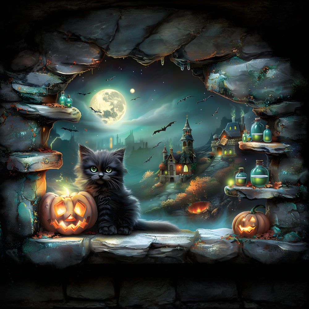 Sfondo Di Zucche Di Gatto Nero Del Villaggio Di Halloween RR7-359