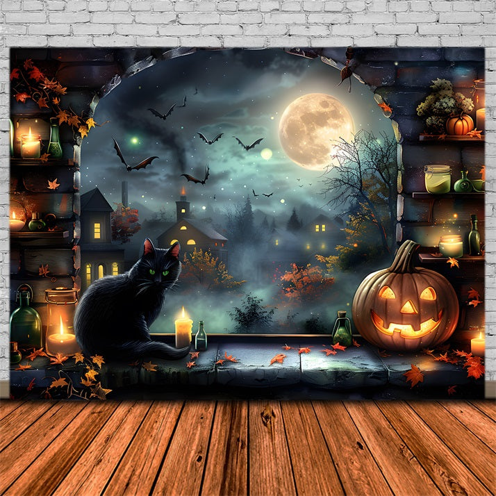 Sfondo Del Gatto Nero Del Villaggio Al Chiaro Di Luna Di Halloween RR7-360