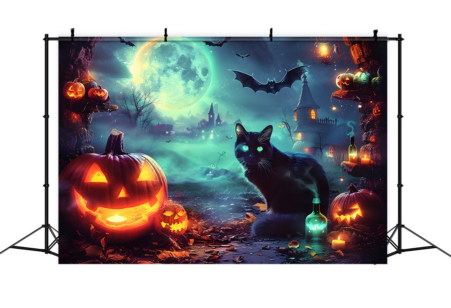 Sfondo Di Gatto Incandescente Del Villaggio Al Chiaro Di Luna Di Halloween RR7-361