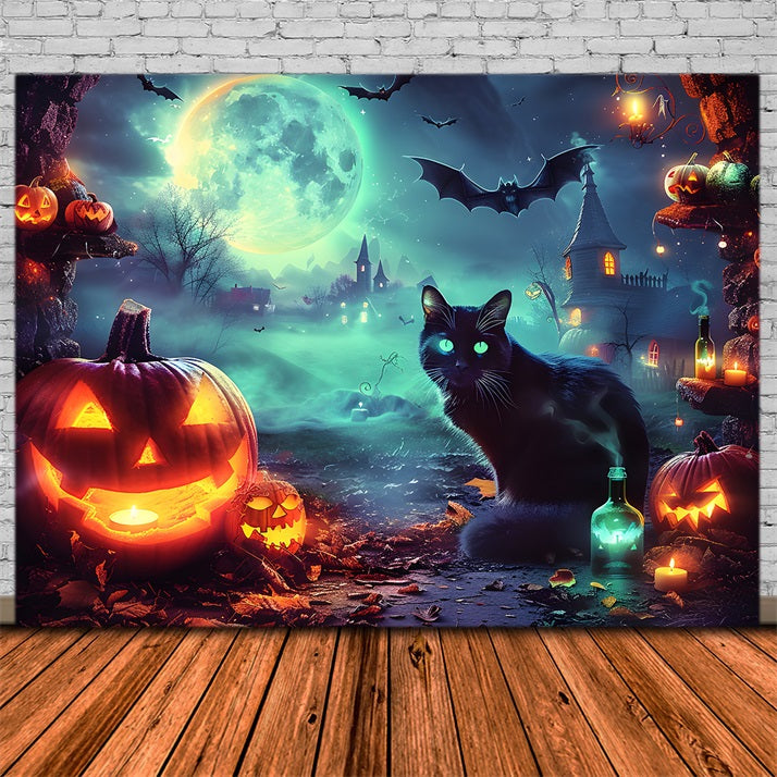 Sfondo Di Gatto Incandescente Del Villaggio Al Chiaro Di Luna Di Halloween RR7-361