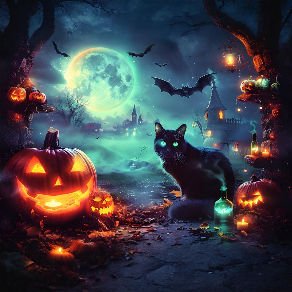 Sfondo Di Gatto Incandescente Del Villaggio Al Chiaro Di Luna Di Halloween RR7-361