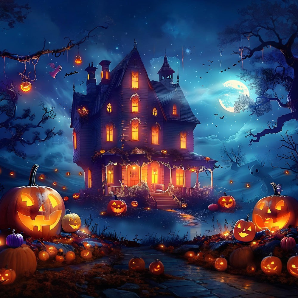 Sfondo Della Notte Al Chiaro Di Luna Della Casa Stregata Di Halloween RR7-362