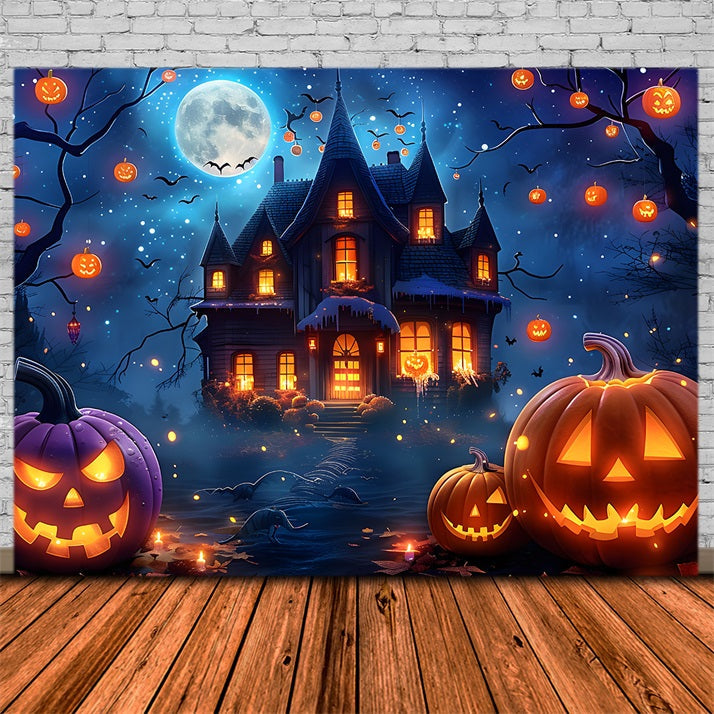 Sfondo Del Villaggio Di Halloween Al Chiaro Di Luna Di Mezzanotte RR7-363