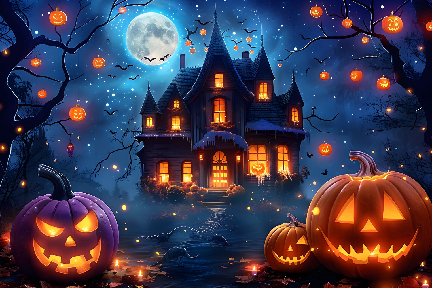 Sfondo Del Villaggio Di Halloween Al Chiaro Di Luna Di Mezzanotte RR7-363
