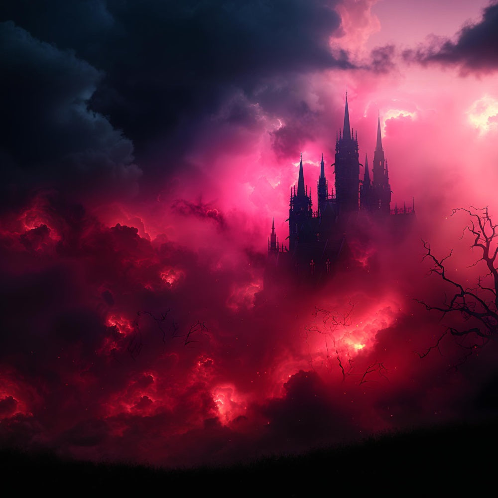 Sfondo Di Nebbia Rosso Sangue Del Castello Oscuro Di Halloween RR7-376